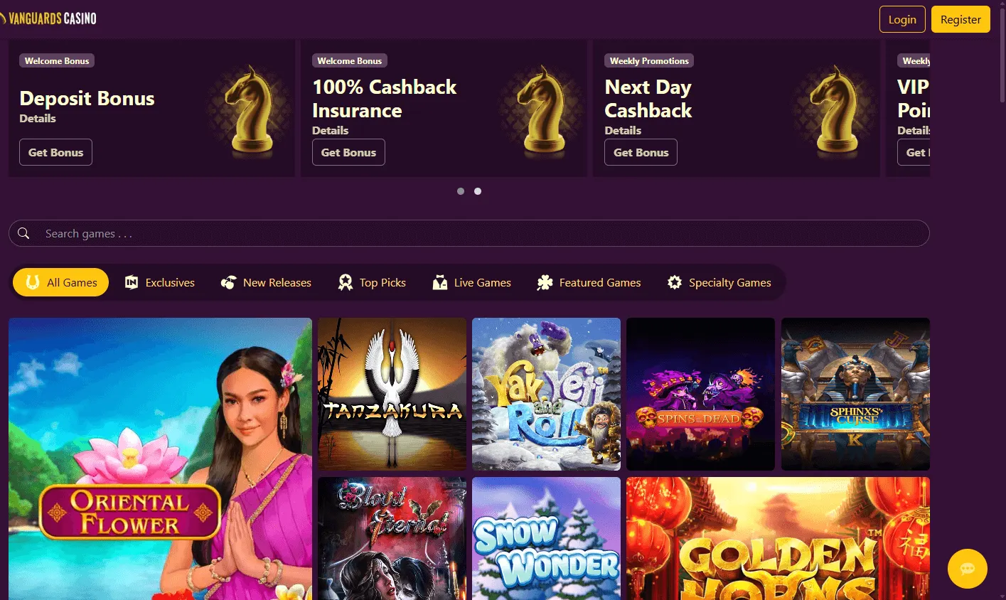 Vanguard Casino desktop home interface