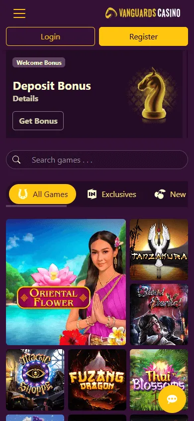 Vanguard Casino mobile home interface